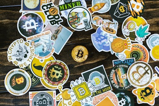 A collection of vibrant Bitcoin-themed stickers and a coin on a wooden surface. Ideal for cryptocurrency concepts.